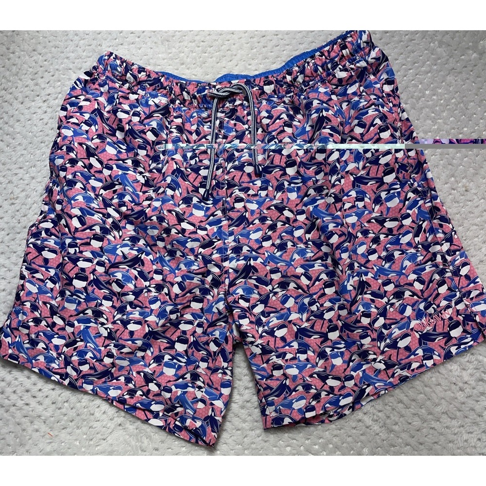 PETER MILLAR Seaside Whale Orca Swim Trunks Pink Blue Men's Size XL Oaklawn